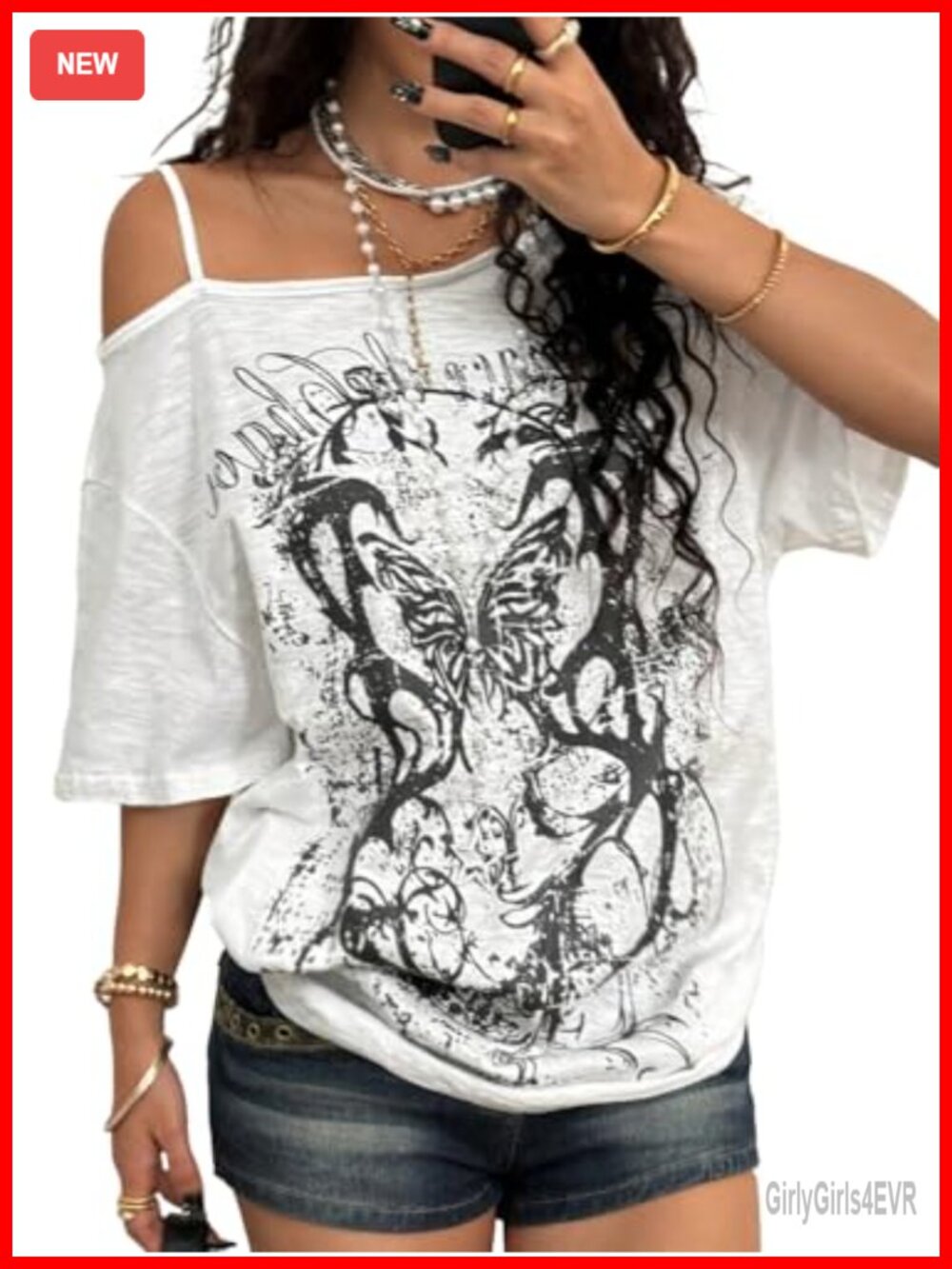 SOLY HUX Women's Off Shoulder Y2K Grunge Graphic T Shirt Loose Fit